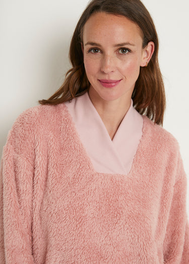 Pyjama uni chaud col V manches longues peluche Vieux Rose