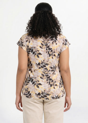 T-shirt manches courtes imprimé feuillage col rond Beige/Noir