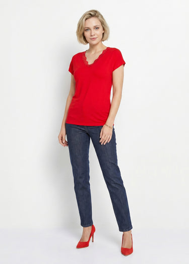 T-shirt court extensible dentelle Rouge
