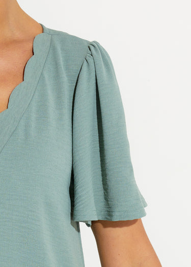 Robe droite courte col V festonné Vert Sauge