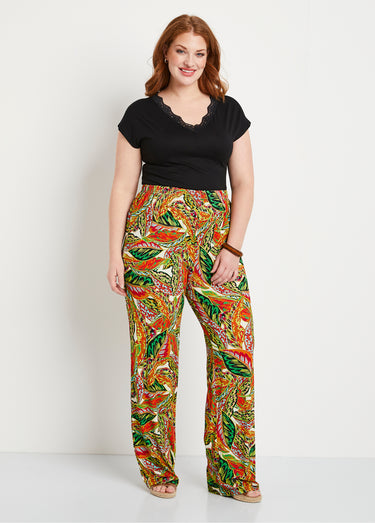Pantalon ceinture élastiquée motif feuillage Vert/Rouge