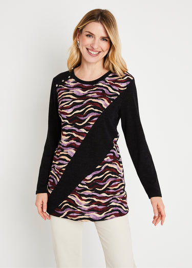 T-shirt long imprimé graphique col rond Noir/Parme
