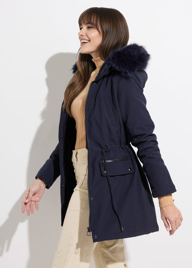 Parka chaude fourrure capuche amovible Marine