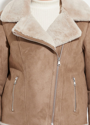 Blouson zippé façon peau lainée Taupe