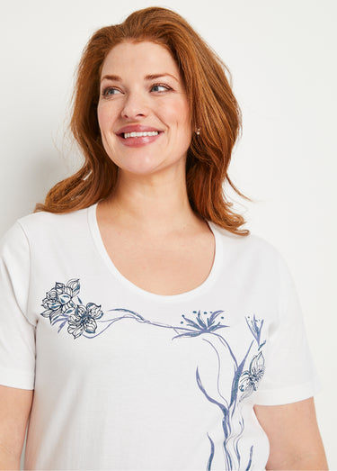 T-shirt motif fleurs encolure ronde Fond Blanc