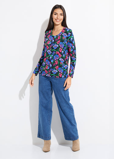 T-shirt droit col rond manches longues fleuri Fuchsia/Bleu