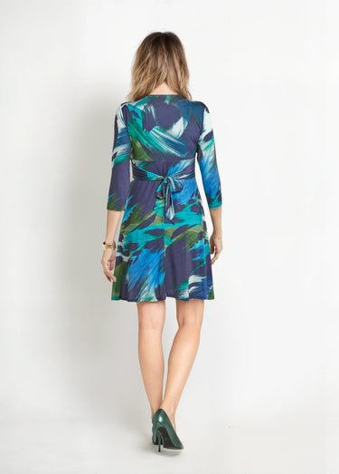Robe cache-cœur stretch, détails drapés Bleu/Vert