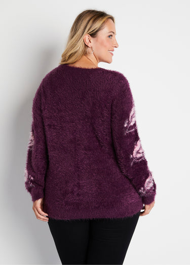 Pull jacquard maille poilue manches longues Cassis/Rose