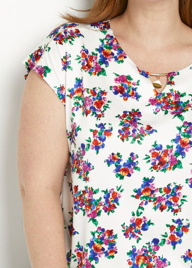 T-shirt blousant col bijou fleuri Fond Blanc