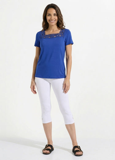 Legging court ceinture élastiqué bas brodés Blanc