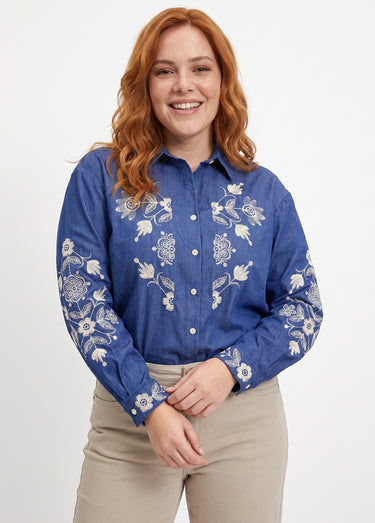 Chemise en jean avec broderies fleurs Bleu Jean