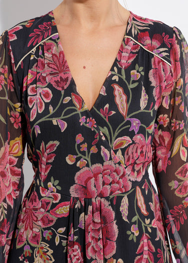 Robe longue cache-coeur volantée voile fleuri Noir/Prune