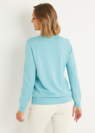 Pull doux uni brodé ajouré col rond Vert Onyx