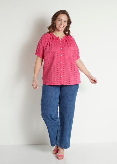 Chemisier ample coton brodé sans col Fuchsia