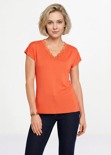 T-shirt court extensible dentelle Orange