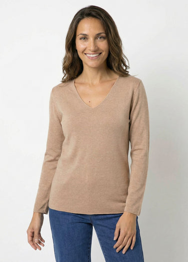 Pull fin avec angora et laine, col V Camel