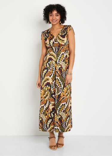 Robe longue col V imprimée sans manches Ocre/Vert