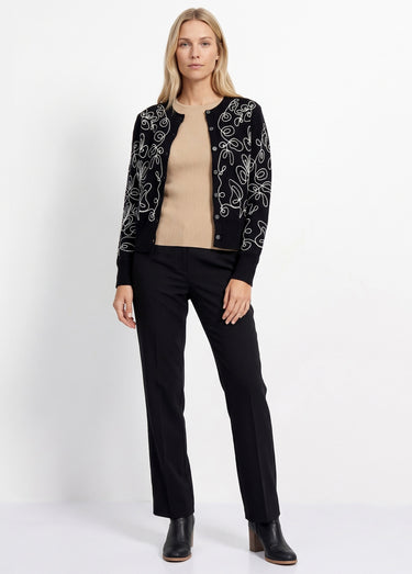 Gilet cardigan boutonné court brodé Noir/Ecru