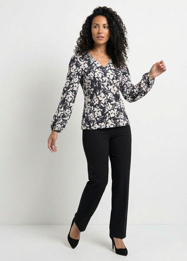 T-shirt col V boutonné évasé imprimé Noir