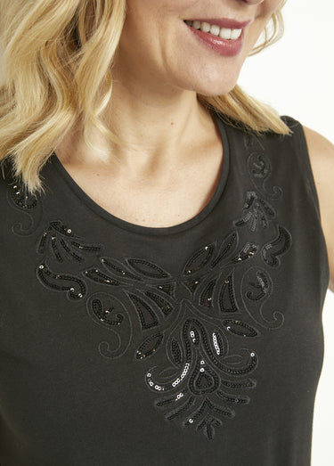 Débardeur uni court brodé sequins Noir