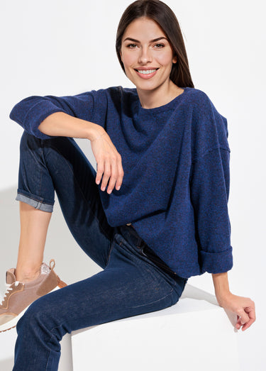 Pull col rond dégagé chaud avec laine Bleu