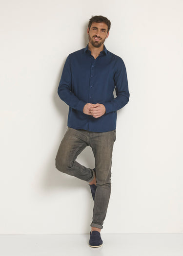 Chemise coton chic col semi italien Marine