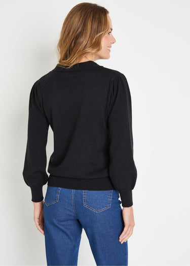 Pull fin col cravate mélange laine Noir