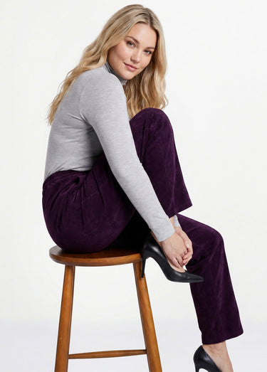 Pantalon droit taille élastiquée velours milleraies Prune