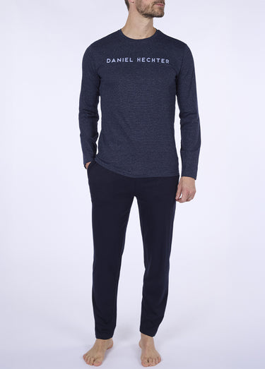 Pyjama long 2 pièces coton logo placé Marine