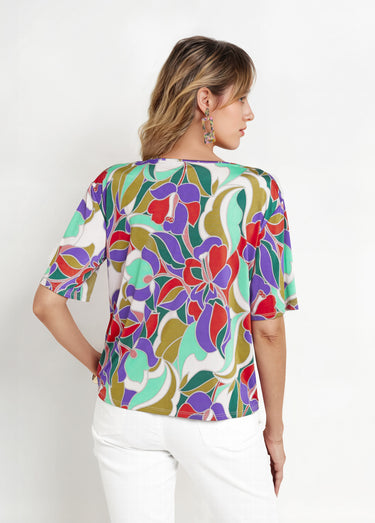 Tunique stretch col V, fleuri graphique Imprimé violet/vert