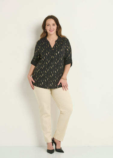 Tunique motifs col V boutonné manches 3/4 Noir