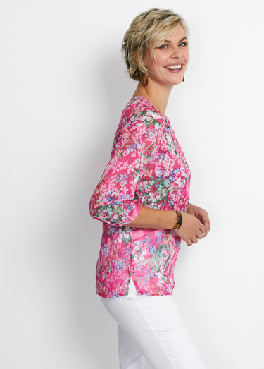 Tunique ample manches 3/4 fleurie Fond Fuchsia