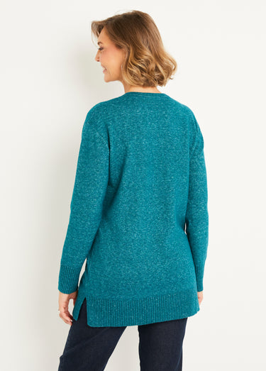 Pull tunique chiné long col V avec laine Canard