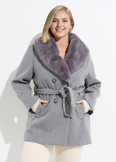 Manteau toucher laineux col fourrure Gris Clair