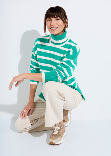 Pull col roulé manches longues descendues Raye Vert