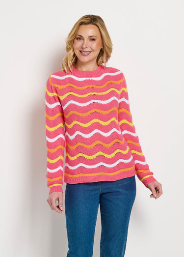 Pull doux col rond reliefé rayé point mousse Fond Rose
