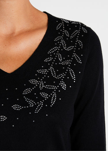 Pull col V strassé manches longues Noir