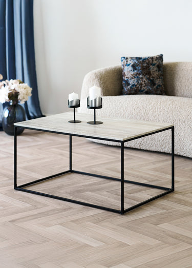 Table basse travertin, structure acier Noir/Beige