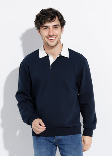 Pull maille fantaisie, col polo boutonné Bleu Marine