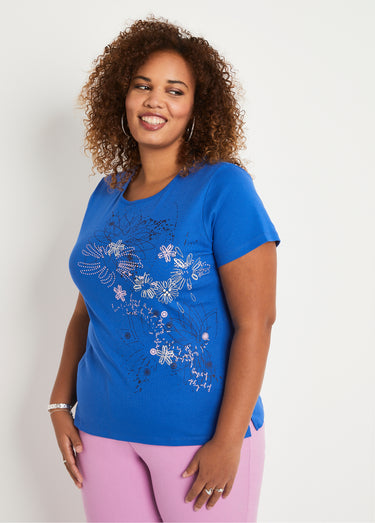 T-shirt long motif fleuri fentes côtés Bleu