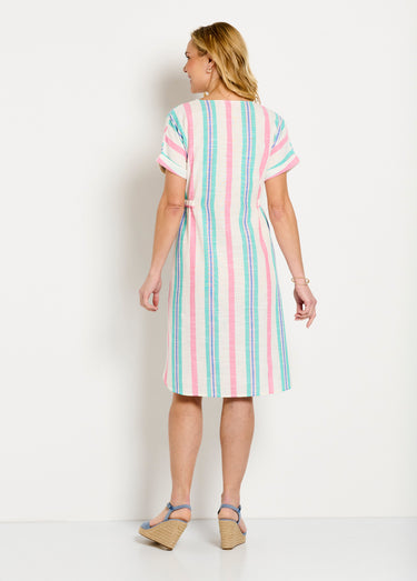 Robe courte boutonnée col V coton rayé Rose / Blanc