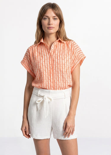 Chemisier léger motif rayures et coeurs Corail / Écru