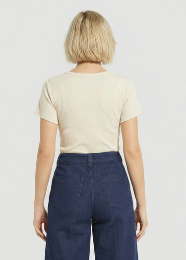 T-shirt col V jersey cotelé, Essentiel Ecru