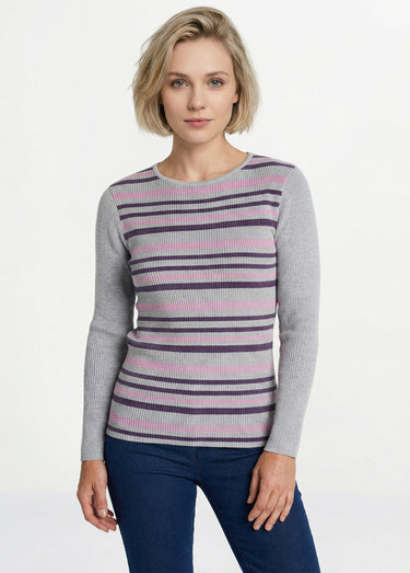 Pull chaud col rond laine mérinos Raye Argent/Prune