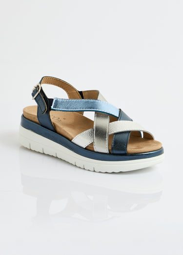 Sandales multibrides compensées grande largeur Marine/Argente