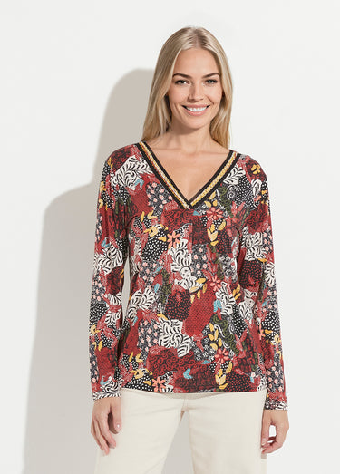 T-shirt long ample imprimé col V manches longues Imprime Brique