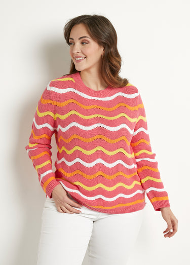 Pull doux col rond reliefé rayé point mousse Fond Rose