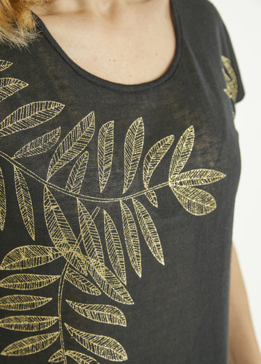 T-shirt col rond maille flammée motif doré Noir