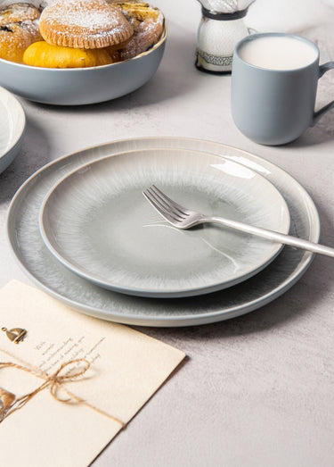 Service de table en grès émaillé 12 pièces, Iris 1 Bleu / Gris