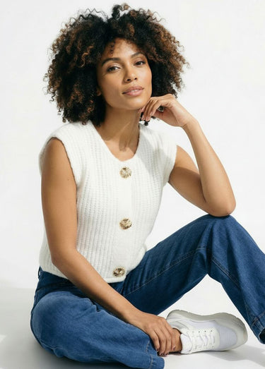 Gilet sans manches avec boutons bijoux Blanc